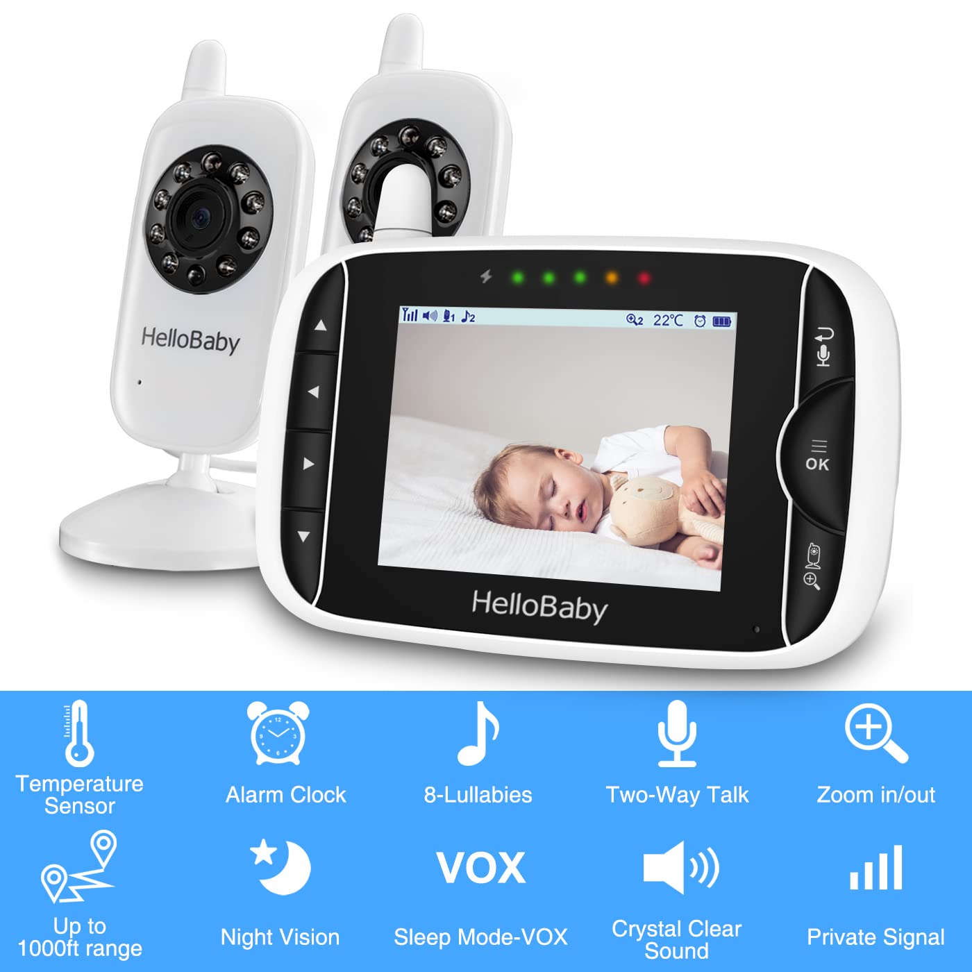 Hellobaby Baby Monitor With 2 Cameras, No Wifi, With Camera And Audio,Video, Night Vision 2-Way Audio, Fully Remote Pan & Tilt,