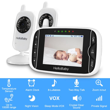 Hellobaby Baby Monitor With 2 Cameras, No Wifi, With Camera And Audio,Video, Night Vision 2-Way Audio, Fully Remote Pan & Tilt,