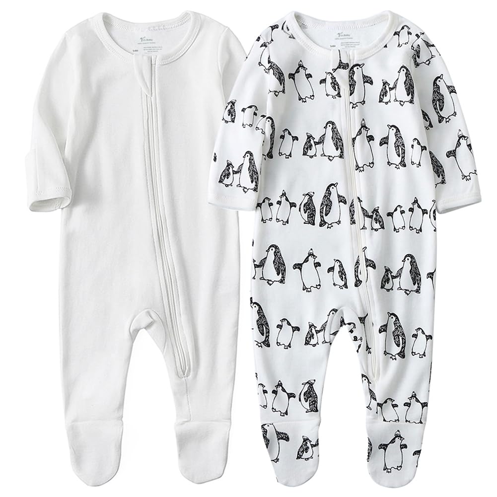 O2 Baby Baby Boys Girls Organic Cotton Zip Front Sleeper Pajamas, Footed Sleep 'N Play(6-12Months, Ivory+Penguin)