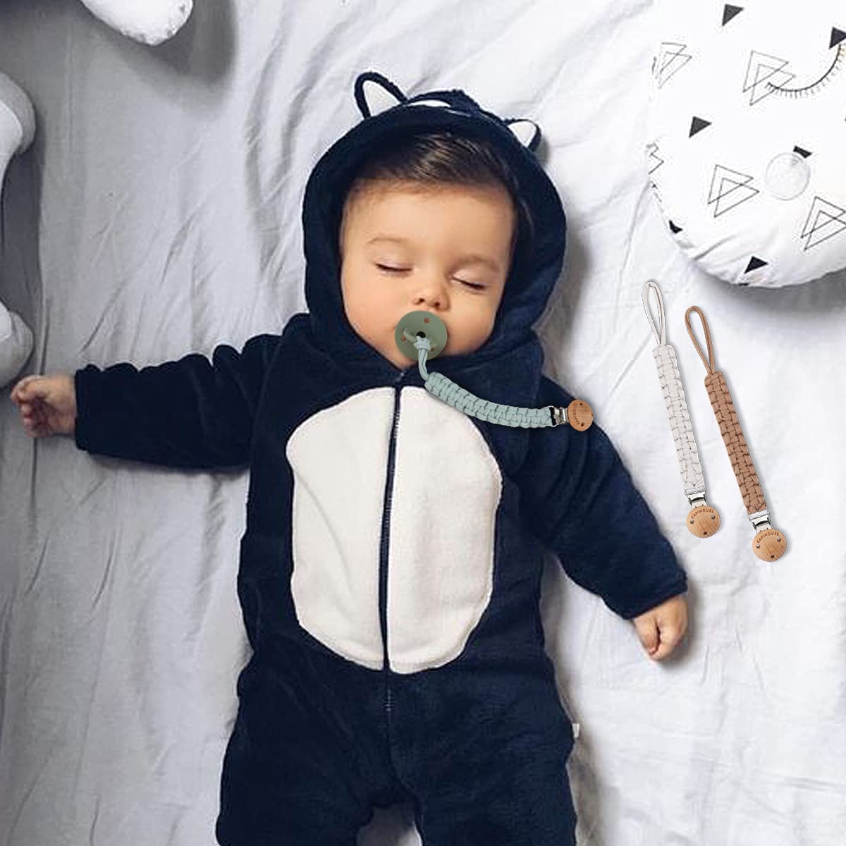 Kapihouse Pacifier Clip For Boy 9.2 Inch Pacifier Leashes Woodern Clips Teething Toy With Handmade Braided Cotton Modern Unisex