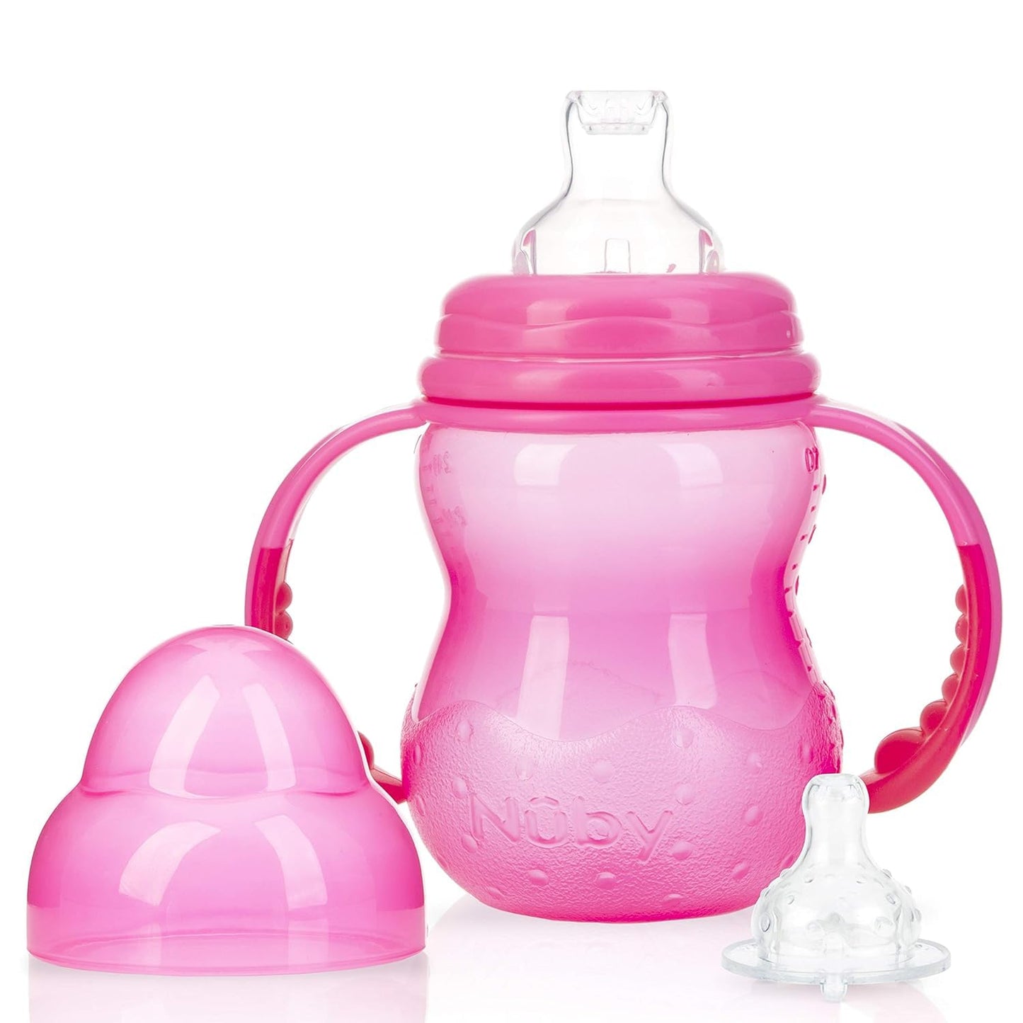 Nuby 3-Stage Wide Neck No Spill Bottle With Handles And Non-Drip Juice Spout, 3 Months, 8 Ounce, 2 Count, (Pink/Purple)