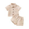 Baby Boys Clothes Set Toddler Infant Boys Button-Down Shirt Tops + Cotton Gauze Shorts Summer Outfit 2Pcs With Pockets (Beige, 0