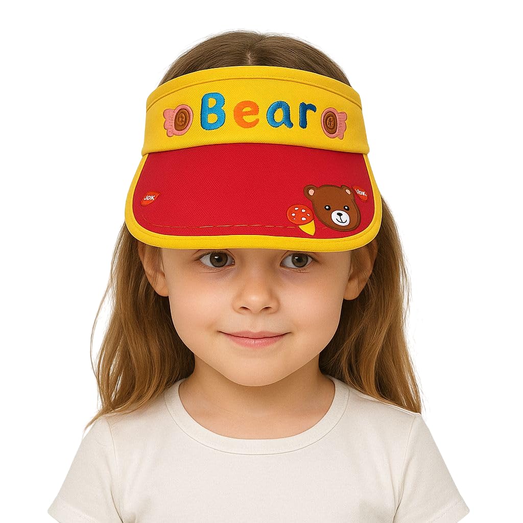Capznmore Kids Sun Visor Cap With Bear Design, Yellow And Pink, Soft Fabric, 24 Years, Fun Embellishment