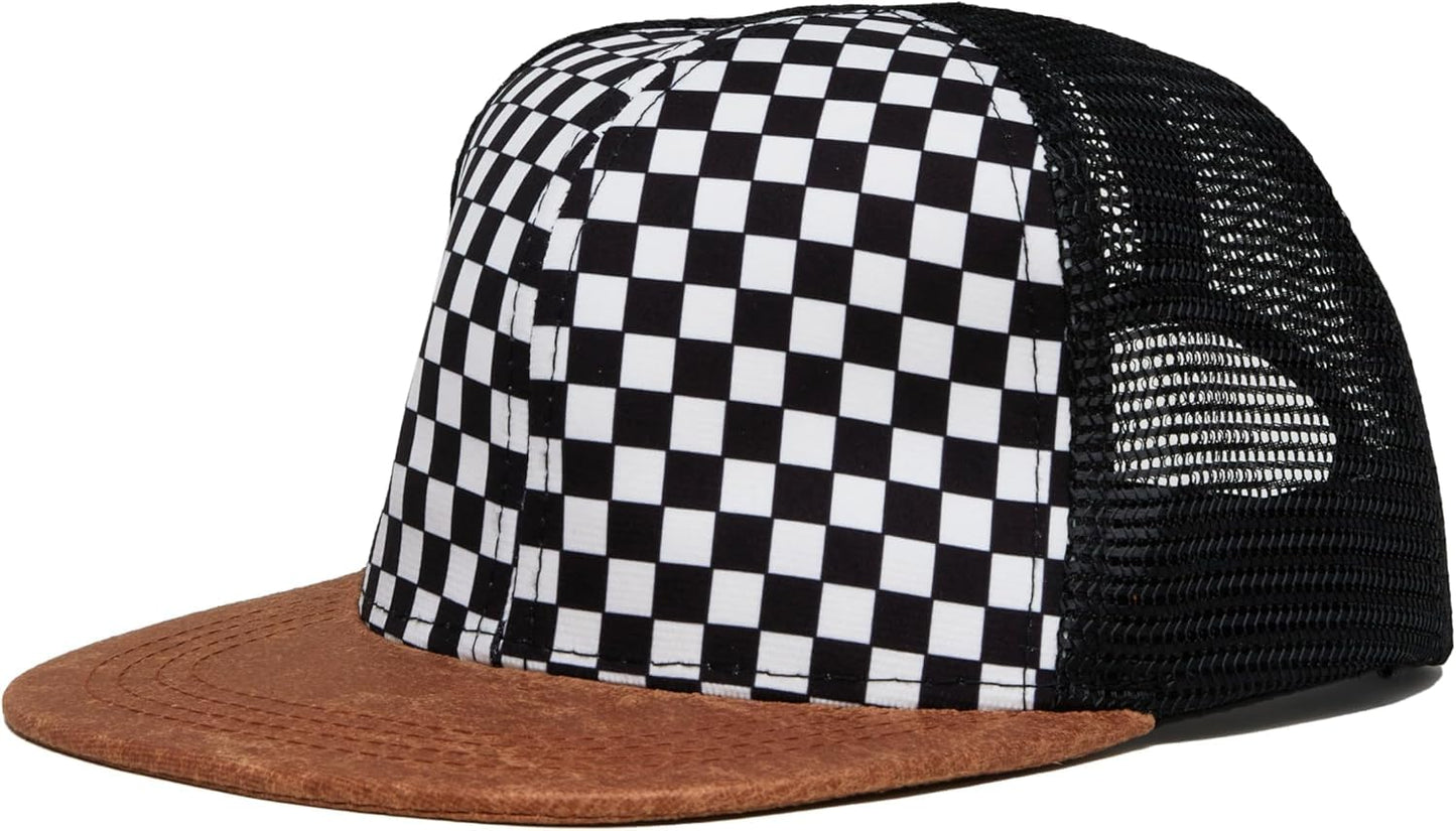 Funky Junque Checkered Baby Hat, Kids and Toddler Flat Brim Hat, Sizes 12-24 Months, Faux Leather Brim - Checker/Faux Leather Br