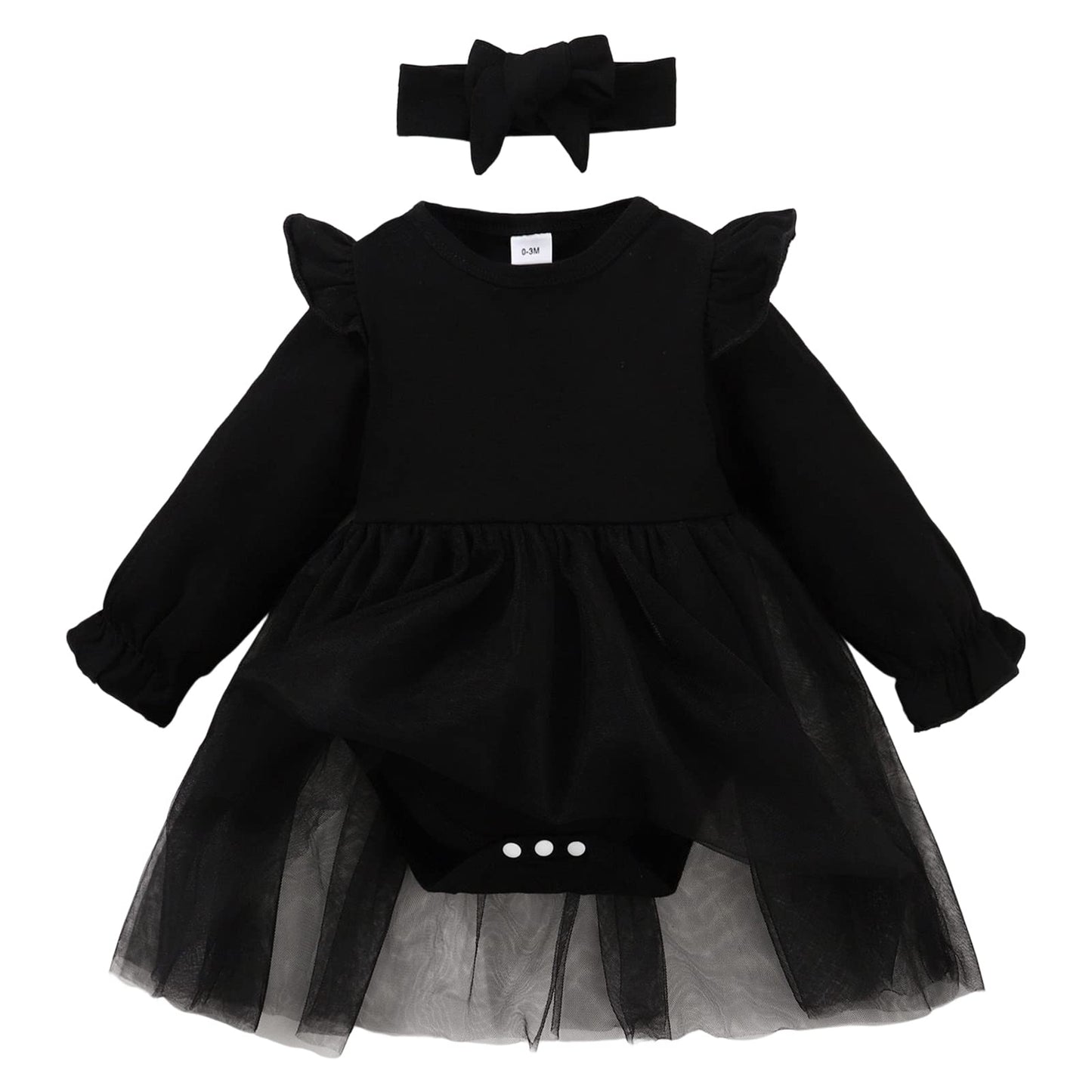 Sobowo Black Baby Girls' Lace Dress Bodysuit With Headband(3-6 Months, Black L)