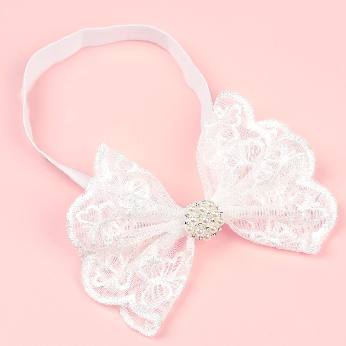 Koolgil Baby Girl'S Elegant Lace Bow Knot Headband Children'S Rhinestone Pearl Lace Headband For Birthday Party Photography (Whi