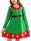 Kids Christmas Long Sleeve Dress Girls Cute Elf Outfits Xmas Party Green Aline Dresses 7-8 Years