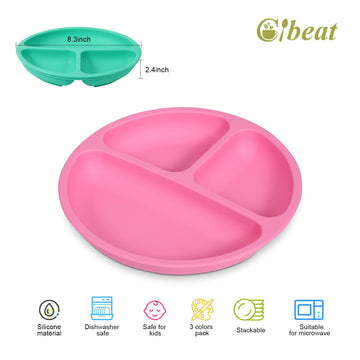 Cibeat 3Pcs Toddler Plates With Suction, 100% Safe Bpa Free Soft Toddler Plates Silicone Divided Plates, Portable Dinner Plates