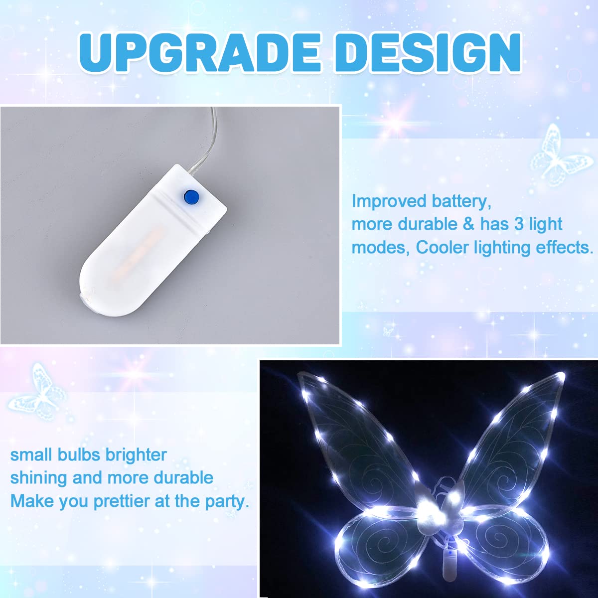 Quescu Light Up Fairy Wings For Adults,Led Butterfly Wings For Girls Women,Halloween Costume Dress Up, Gifts For Kids White