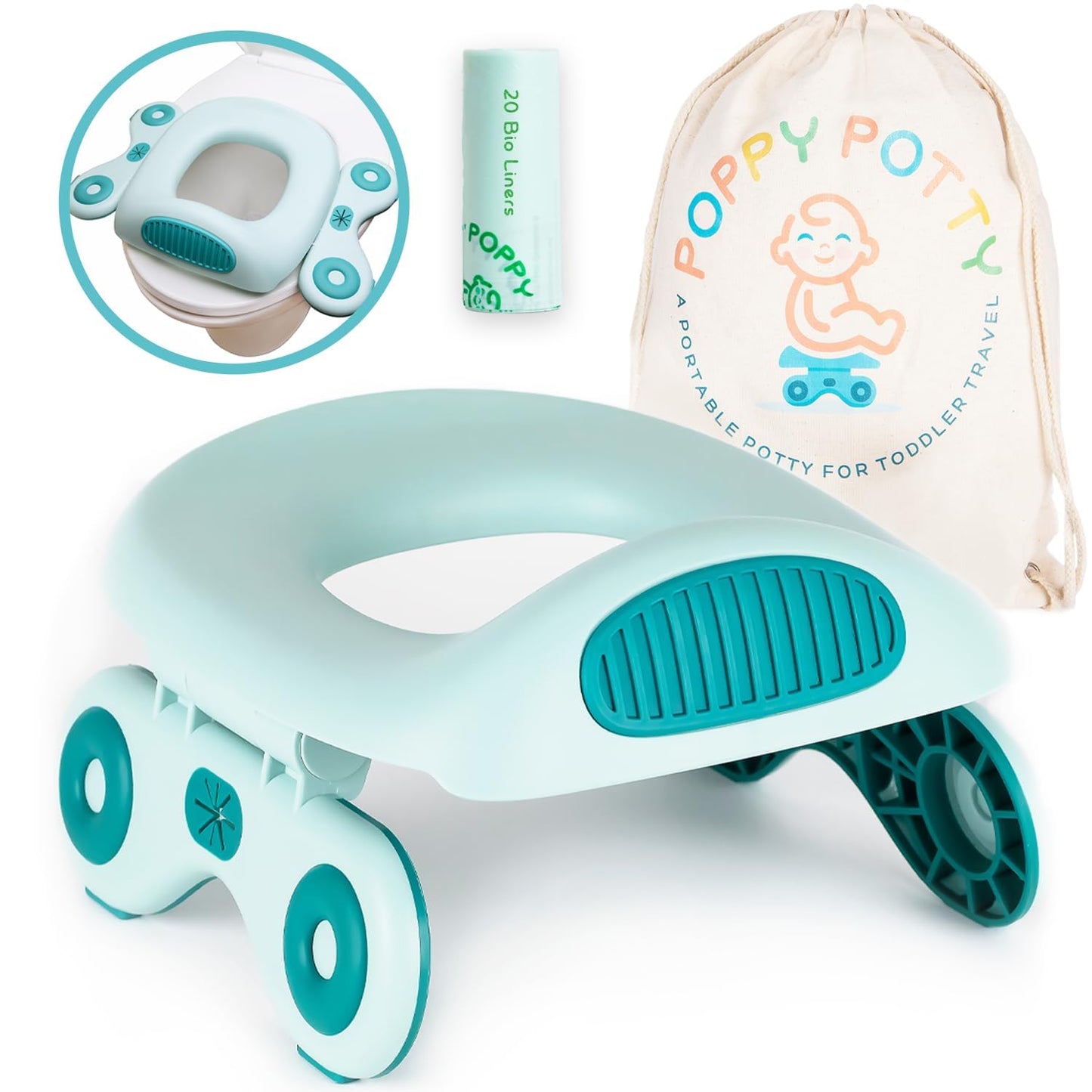 Portable Potty Seat for Toddler Travel Teal - 20 Liners & Carry Bag, 110lbs Capacity, Lightweight