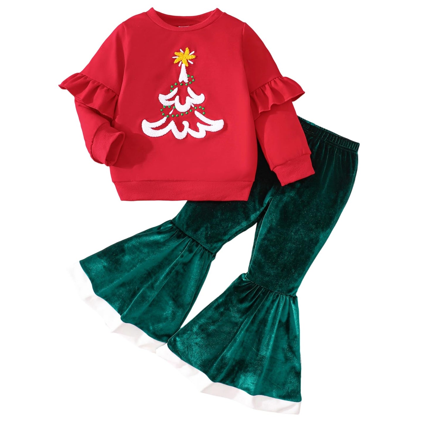 Mieeyali Toddler Baby Girl Christmas Outfit Santa Tree Sweatshirt Bell Bottoms Ruffle Top Shirt Pants Set Xmas Clothes (Red, 5-6