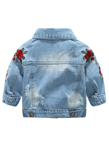 Abolai Baby Girls' Rose Embroidery Button Down Jeans Jacket Top Blue 100