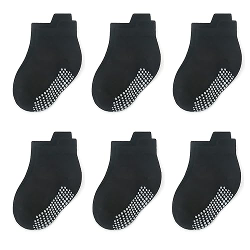 Qiyiendian 6 Pairs Non Slip Cozy Warm Ankle/Low Cut Socks With Grips For Baby Infant Toddler Kids Boys Girls(5-C Black,1-3T)