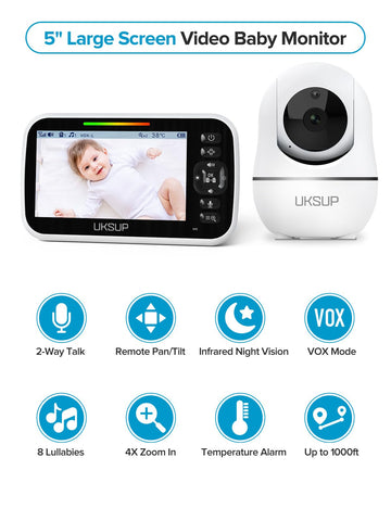 Uksup Sm663V2 Baby Monitor With 2 Cameras - 5' Display Video Baby Monitor With Remote Pan & Tilt, 2X Zoom,Auto Night Vision, 2