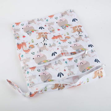 Wet Dry Bag Cloth Diaper Nappy Reusable Washable With Two Zippered Pockets (Rabbit Squirrel)