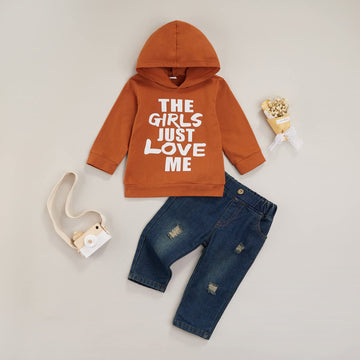 Fhutpw Toddler Baby Boy Outfits Hoodie Sweatshirts & Jeans Clothes Set Fall Winter 6 9 12 18 24 Months (A-Yellowish Brown, 12-18