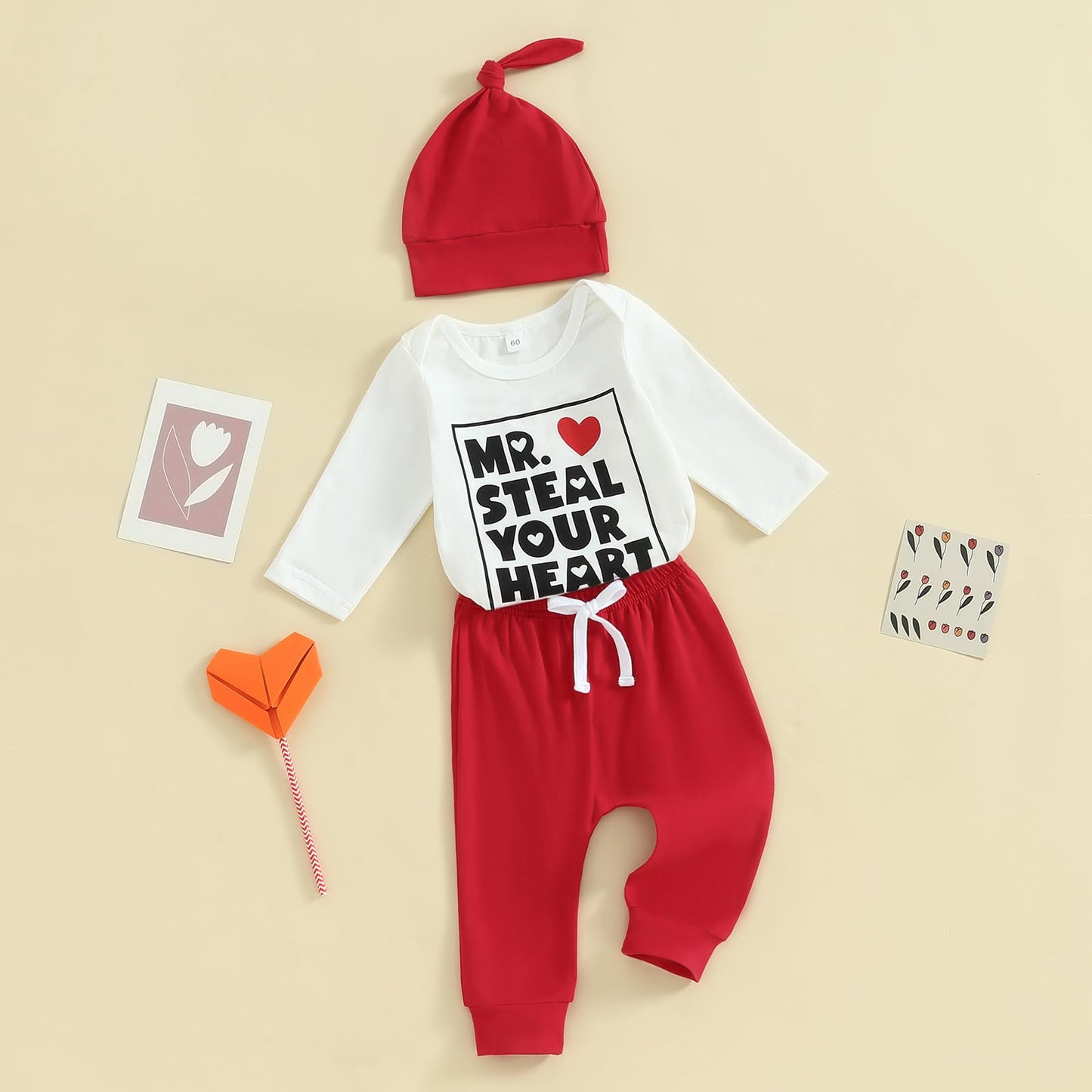 Infant Baby Boy Valentines Day Outfit Infant Valentines Outfit Boy Long Sleeve Romper Onesie Jogger Pants Set(B-White,3-6 Months