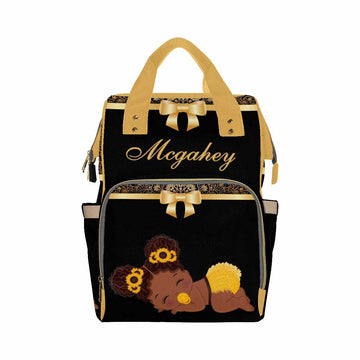 Artsadd Personalized Diaper Bag Backpack With Name, Customized Sunflower Black Nappy Backpack With Thermal Pockets Multifunction