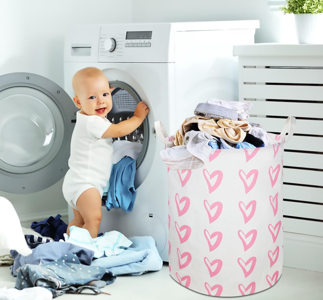 Clocor Pink Laundry Basket,Waterproof Baby Girls Nursery Hamper, Girls' Room Decor,Kids Toys Storage Bin,Gift Basket(Pink Heart