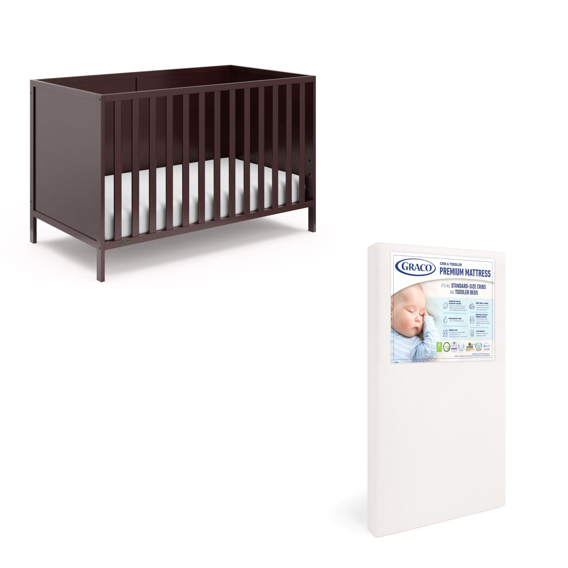 Graco Theo Crib And Mattress Nursery Essentials Pack (Espresso) - Greenguard Gold Certified Baby Crib & Crib Mattress, Cribs Wit