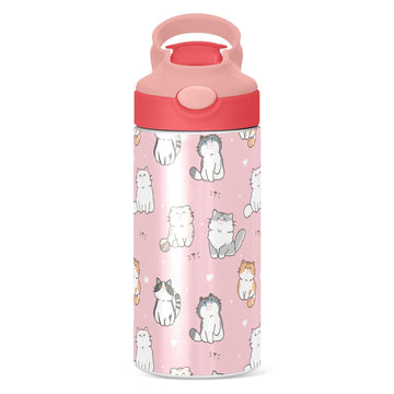 Cute Cat Kitty Girls Water Bottle With Straw And Carry Handle Cartoon Animals Pink Vacuum Insulated Stainless Steel Bottles Leak