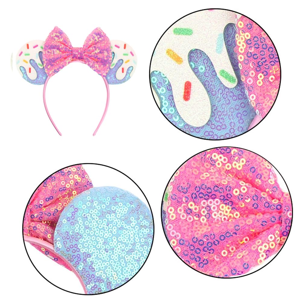 Lifetools-Lt Blue Ears Headbands With Pink Bow & Shiny Sequins & Doughnut, For Women Disneyland Costume Christmas Cosplay Glitte