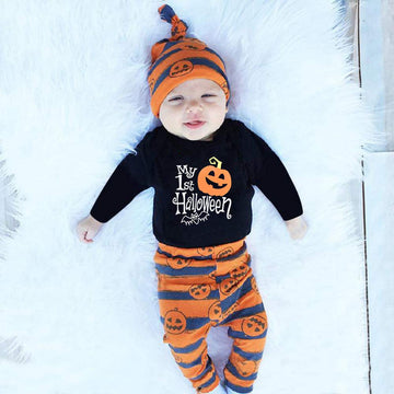 Unutiylo Newborn Baby Boy Clothes My First Halloween Pumpkin Boudsuit Romper Black Stripes Long Sleeve Pants Hat 3Pcs Outfits Se