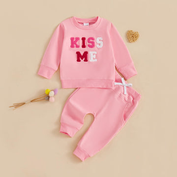 Nokpsedcb Baby Boy Girl Cute Letter Embroidery Long Sleeve Sweatshirt And Elastic Long Pants Toddler Valentine Outfits (Pink Kis