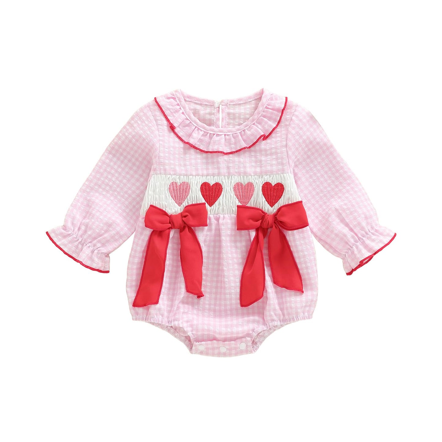 Seyurigaoka Infant Baby Girl Outfit Pink Gingham Bubble Romper Bow Smocked Bodysuit Cute Smocked Clothes (Pink Plaid, 0-3 Months