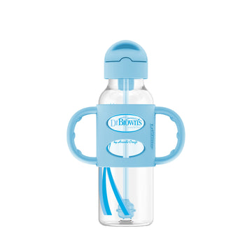 Dr. Brown'S Milestones Narrow Sippy Straw Bottle, Spill-Proof With 100% Silicone Handles And Weighted Straw, 8 Oz/250 Ml, Blue,