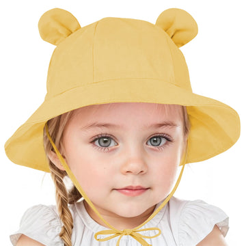 Zando Baby Sun Hat Bucket Hat Wide Brim Beach Caps Toddler Hats For Boys With Bear Ears Infant Summer Hat For Girls Yellow 6-12M