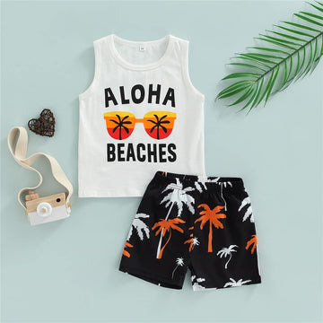 Fybitbo 2Pcs Baby Boys Summer Clothing Sets Cute Letters Print Sleeveless Tank Tops T-Shirt+Palm Shorts Outfits (B-White & Black