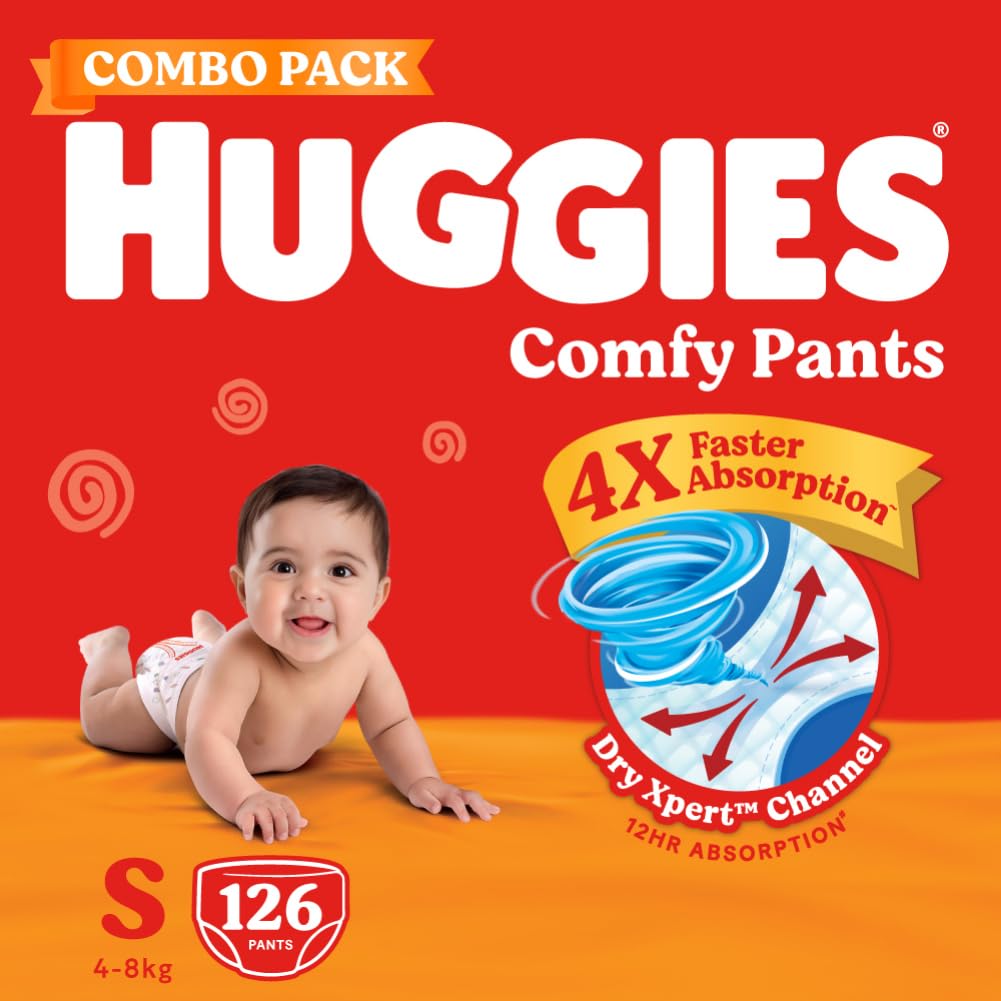 Huggies Comfy Pants Baby Diaper, Small (S) Size (48Kgs), Pack Of 126 (42 Count, Pack Of 3)