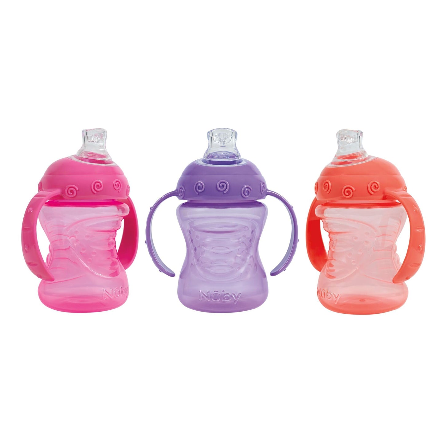 Nuby 3-Pack Two-Handle No-Spill Super Spout Grip N Sip Cup, 8oz, 3 PK - Coral, Pink, Purple