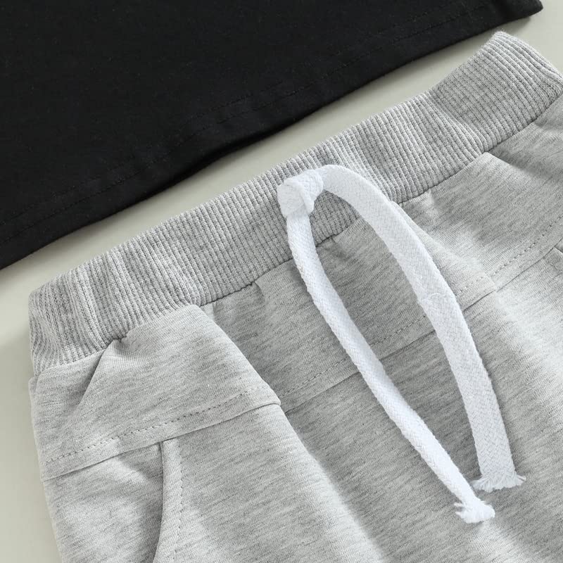 Toddler Baby Boy Clothes Letter Short Sleeve T Shirt Top Boys Shorts With Pocket Cute Summer Outfit 2Pcs Set (A-Black,6-12 Month