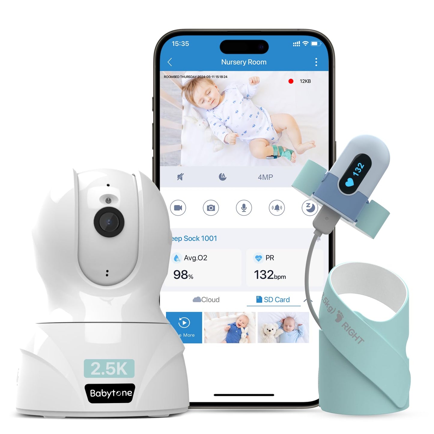 Babytone Baby Monitor - Smart Sleep Sock & 2.5K HD Camera, Track Heart Rate & Average Oxygen Level, Cry/Motion Detect, Two-Way A