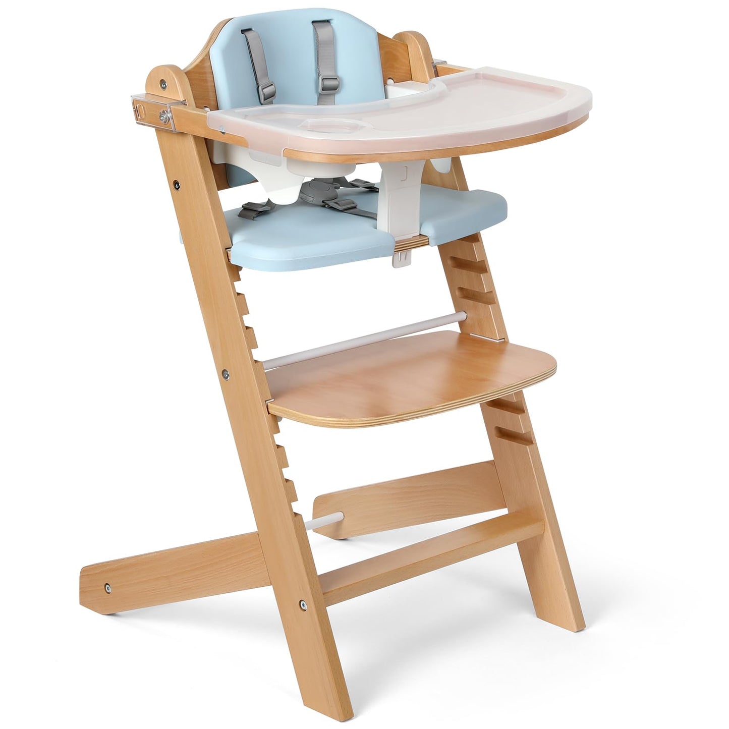 Cowiewie Natural Wooden High Chair for Babies & Toddlers 3-Tier Remove & Adjustable Tray, 8 Adjustable Highchair with Cushions,