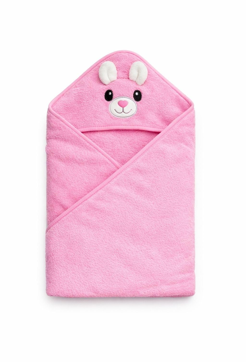 Hi mom Kids World Baby Hooded Bath Towel, Blue, Cotton Terry, Bear Design with Embroidered Face and Pompom Ears (Pink, 80X80)