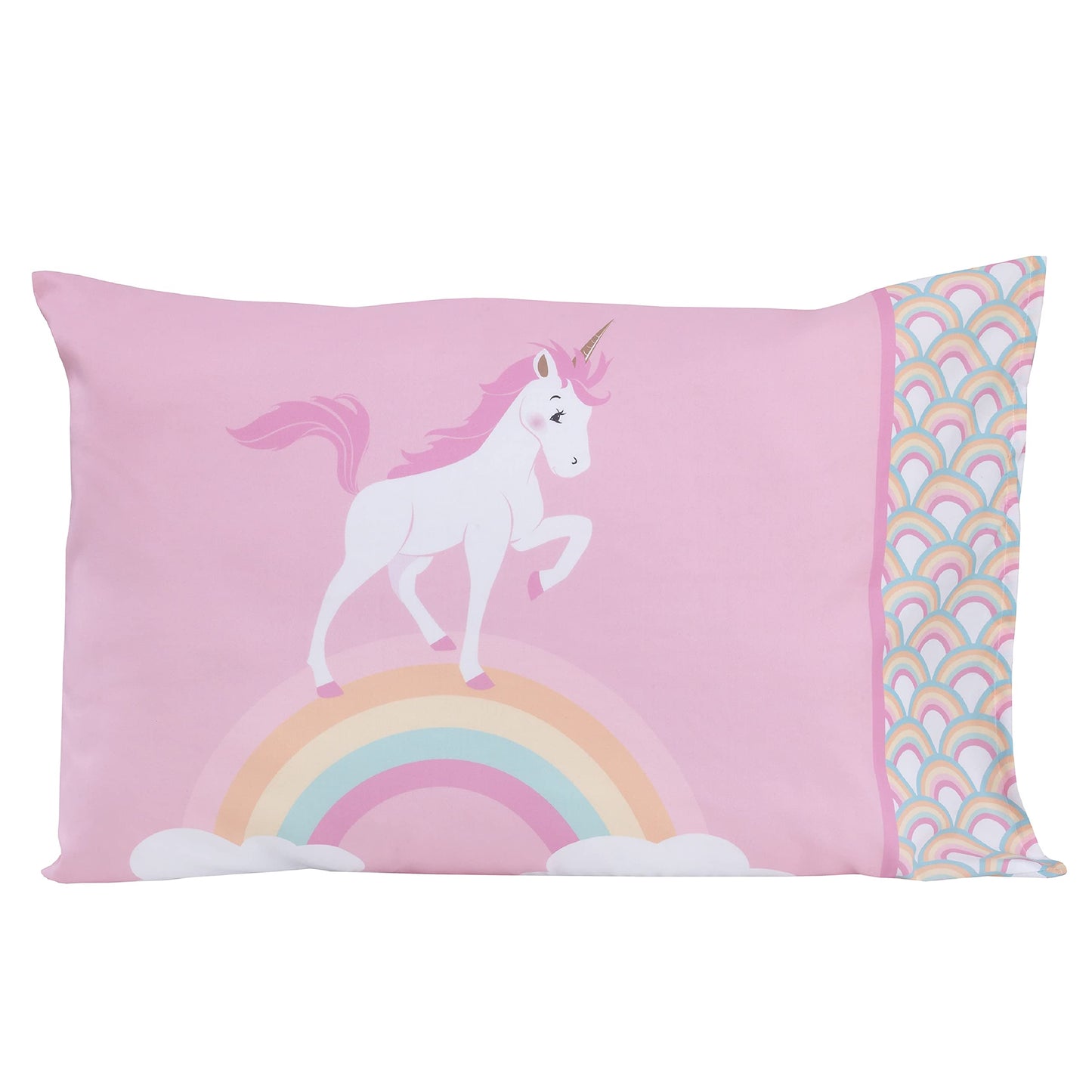 Everything Kids Rainbow Unicorn Pink, White And Rainbows 4 Piece Toddler Bed Set - Comforter, Fitted Bottom Sheet, Flat Top Shee