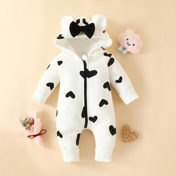 Newborn Baby Girl Hooded Jumpsuit Heart Cow Zip Up Long Sleeve Infant One Piece Romper Snowsuit Valentines Day Outfit (Heart Bla
