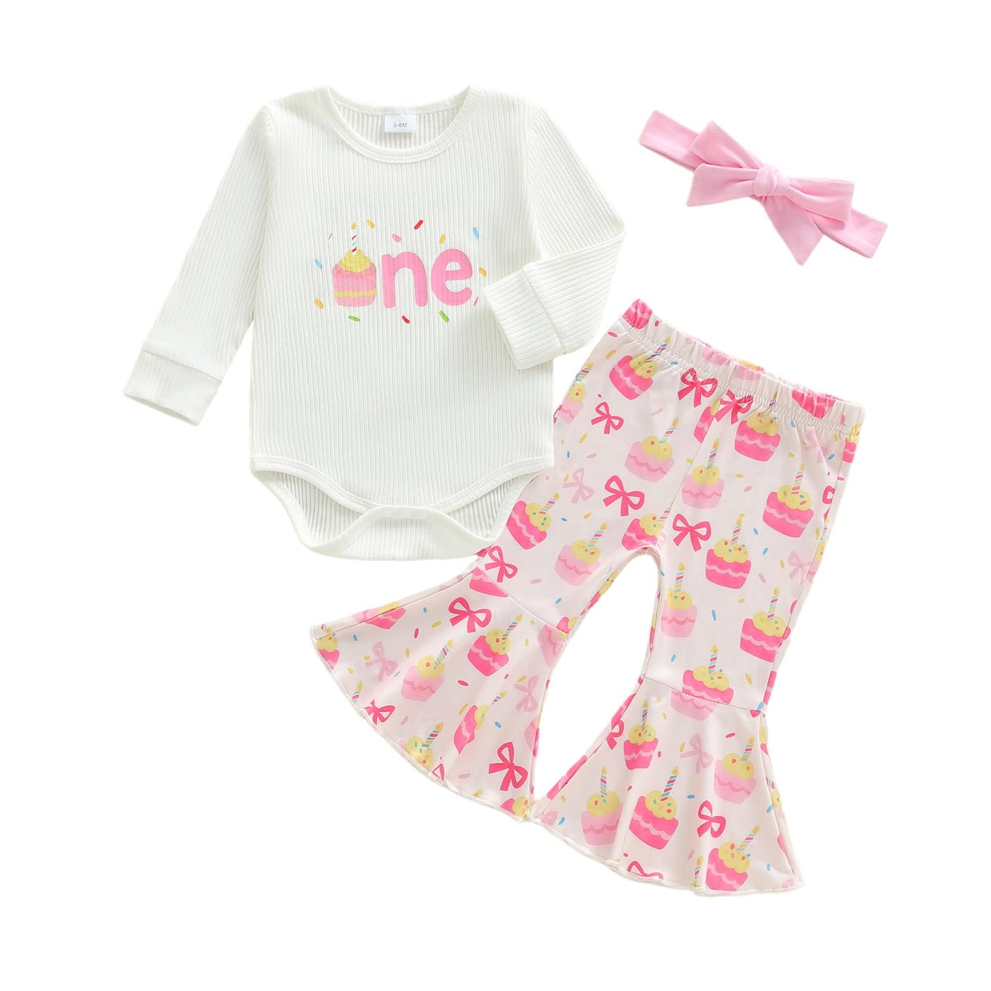 Lamuusaa Toddler Baby Girl Birthday Outfit One Romper Cake Bowknot Print Flared Pants Headband Cake Smash Outfit (White, 6-12 Mo