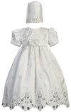 White Shantung Christening Baptism Dress With Cutwork Accents And Bonnet - S (3-6 Month)