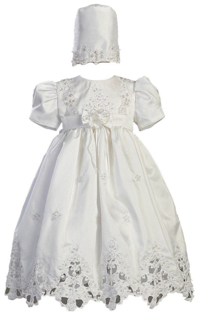 White Shantung Christening Baptism Dress With Cutwork Accents And Bonnet - S (3-6 Month)