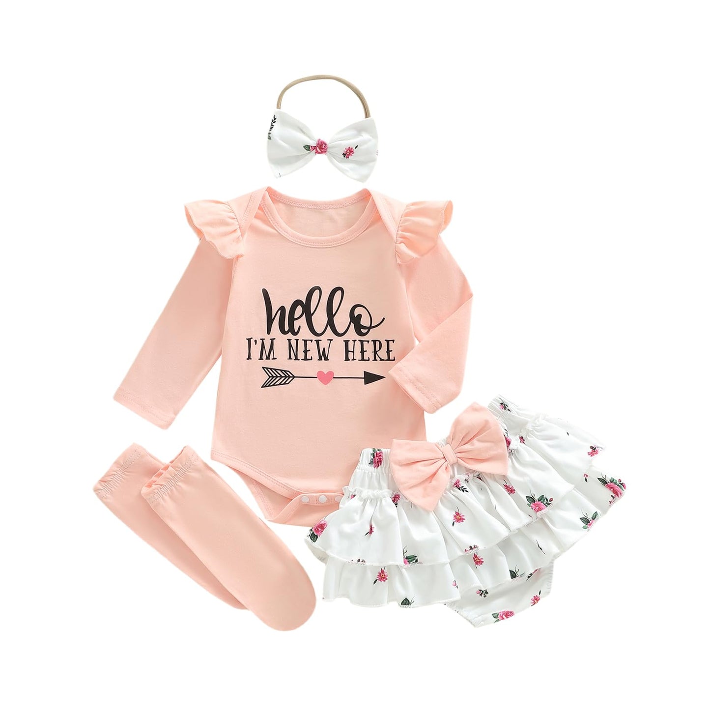 Sprifallbaby Newborn Baby Girl Clothes Hello Im New Here Romper Ruffle Shorts Tutu Skirt Set Cute Infant Coming Home Outfits (W