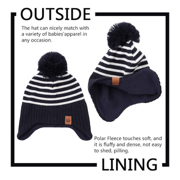 Jangannsa Knitted Baby Hat Scarf Set Winter Warm Boys Girls Beanie Fleece Lining Toddler Kids Hat With Pompom(Striped Navy(Hat+S
