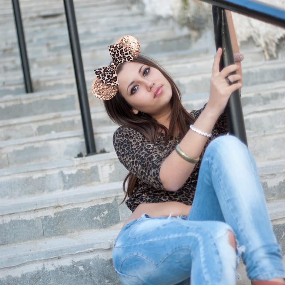 Leopard Mouse Ears Headband For Women - Princess Dress Hair Accessory And Park Decoration (Rose Gold)