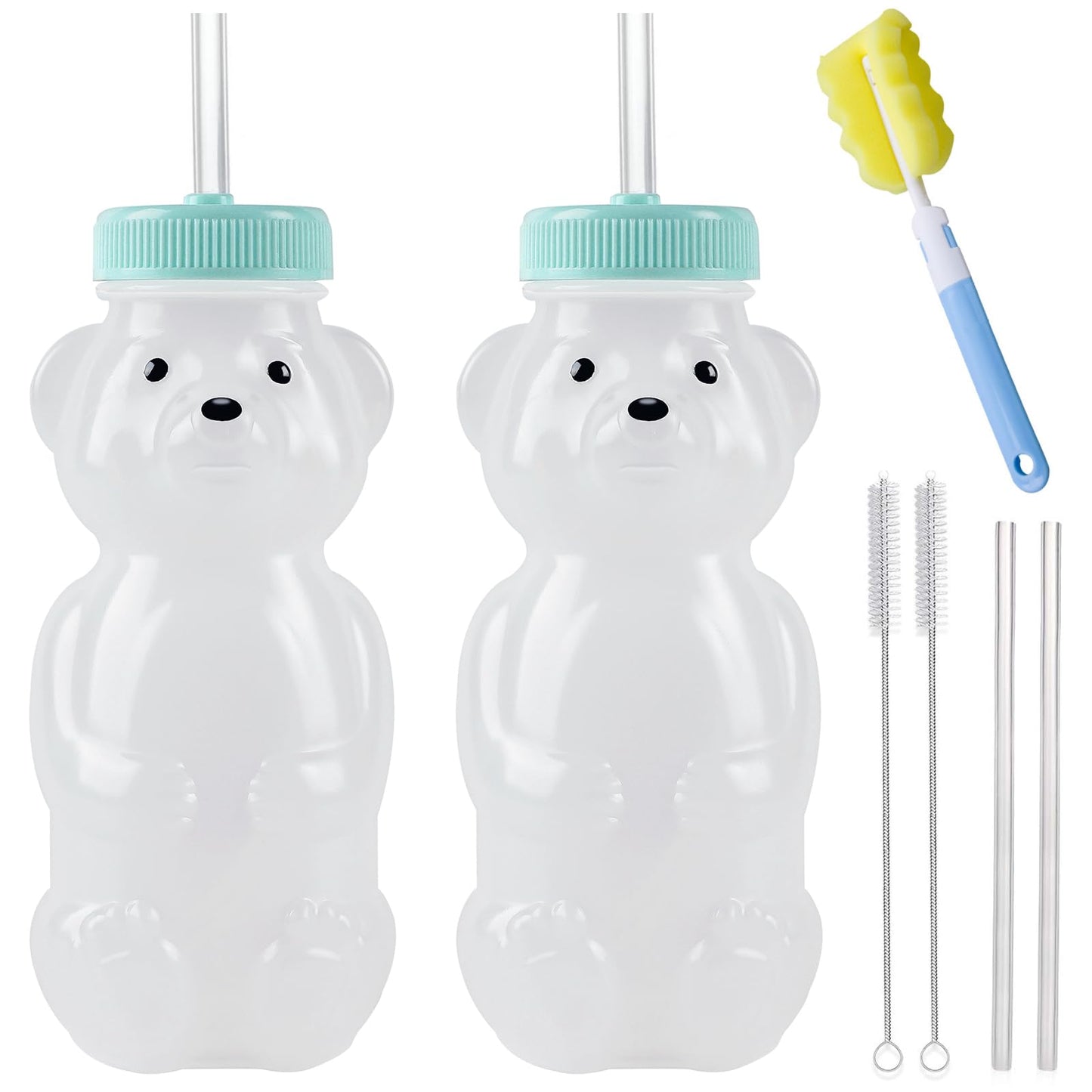 Honey Bear Straw Cups, Juice Bear Bottle Drinking Cup Long Straws with 4 Flexible Straws & Cleaning Tools, 8-Ounce Therapy Sippy