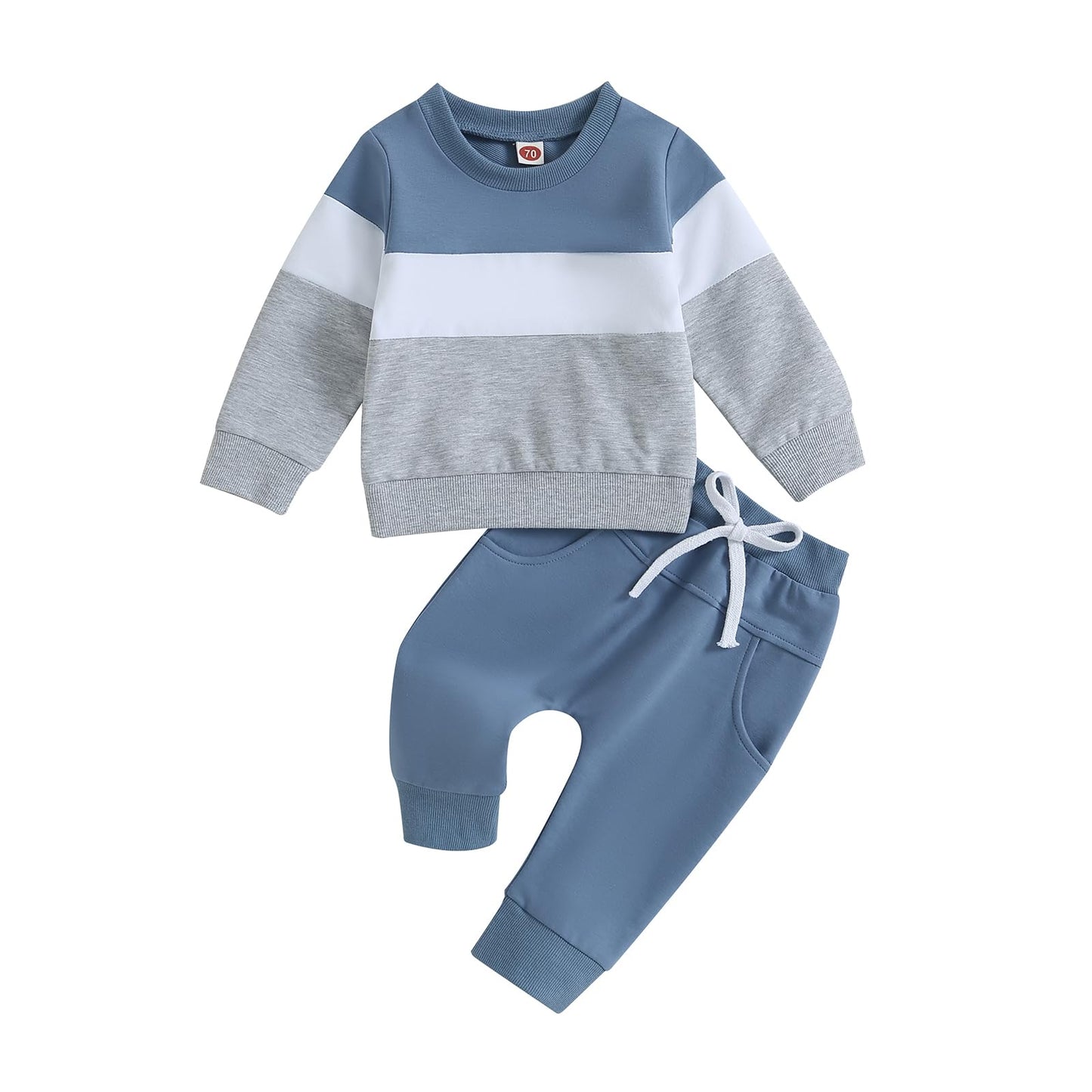 CREAIRY Toddler Baby Boy Fall Outfits Color Block Pocket Sweatshirt Long Sleeve T-Shirt Tops Joggers Pants Set Sweatsuit (Blue,
