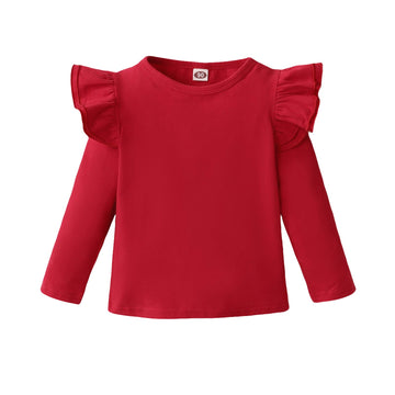 Toddler Baby Girls Long Sleeve Ruffle T Shirt Kids Casual Plain Solid Top Blouse T-Shirt Undershirt (Red,2-3T)