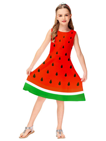 Remimi Kids Girl Watermelon Dress Sleeveless Tropical Halloween Fruit Dresses Outfits 7-8 Years